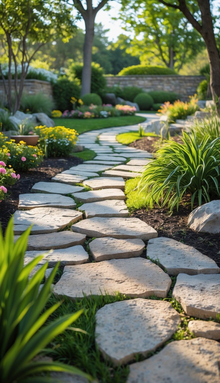 A winding flagstone pathway surrounded by green plants, colorful flowers, and trees in a garden setting.